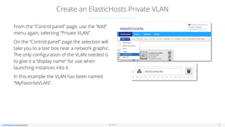 © 2016
Create an ElasticHosts Private VLAN
12
From the “Control panel” page, use the “Add”
menu again, selecting “Private VLAN”.
On the “Control panel” page the selection will
take you to a text box near a network graphic.
The only conﬁguration of the VLAN needed is
to give it a “display name” for use when
launching instances into it.
In this example the VLAN has been named
“MyFavoriteVLAN”.
 
