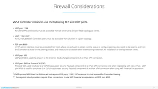 © 2016
Firewall Considerations
7
VNS3 Controller instances use the following TCP and UDP ports. 
• UDP port 1194  
For client VPN connections; must be accessible from all servers that will join VNS3 topology as clients. 
• UDP 1195-1203* 
For tunnels between Controller peers; must be accessible from all peers in a given topology.
• TCP port 8000  
HTTPS admin interface; must be accessible from hosts where you will want to obtain runtime status or conﬁgure peering, also needs to be open to and from
the Controllers at least for the peering process, and needs to be accessible when downloading credentials for installation on overlay network clients.
• UDP port 500 
UDP port 500 is used the phase 1 or IKE (Internet Key Exchange) component of an IPsec VPN connection. 
• UDP port 4500 or Protocol 50 (ESP) 
Protocol 50 is used for phase 2 or ESP (Encapsulated Security Payload) component of an IPsec VPN connection only when negotiating with native IPsec. UDP
port 4500 is used for the phase 2 or ESP (Encapsulated Security Payload) component of an IPsec VPN connection when using NAT-Traversal Encapsulation.
*VNS3:vpn and VNS3:net Lite Edition will not require UDP ports 1195-1197 access as it is not licensed for Controller Peering.
** Some public cloud providers require IPsec connections to use NAT-Traversal encapsulation on UDP port 4500
 
