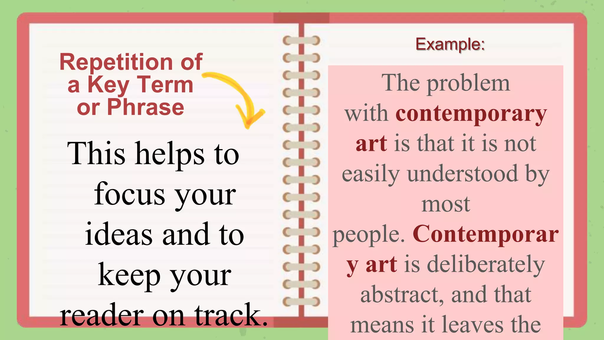 Repetition of
a Key Term
or Phrase
This helps to
focus your
ideas and to
keep your
reader on track.
Example:
The problem
with contemporary
art is that it is not
easily understood by
most
people. Contemporar
y art is deliberately
abstract, and that
means it leaves the
 
