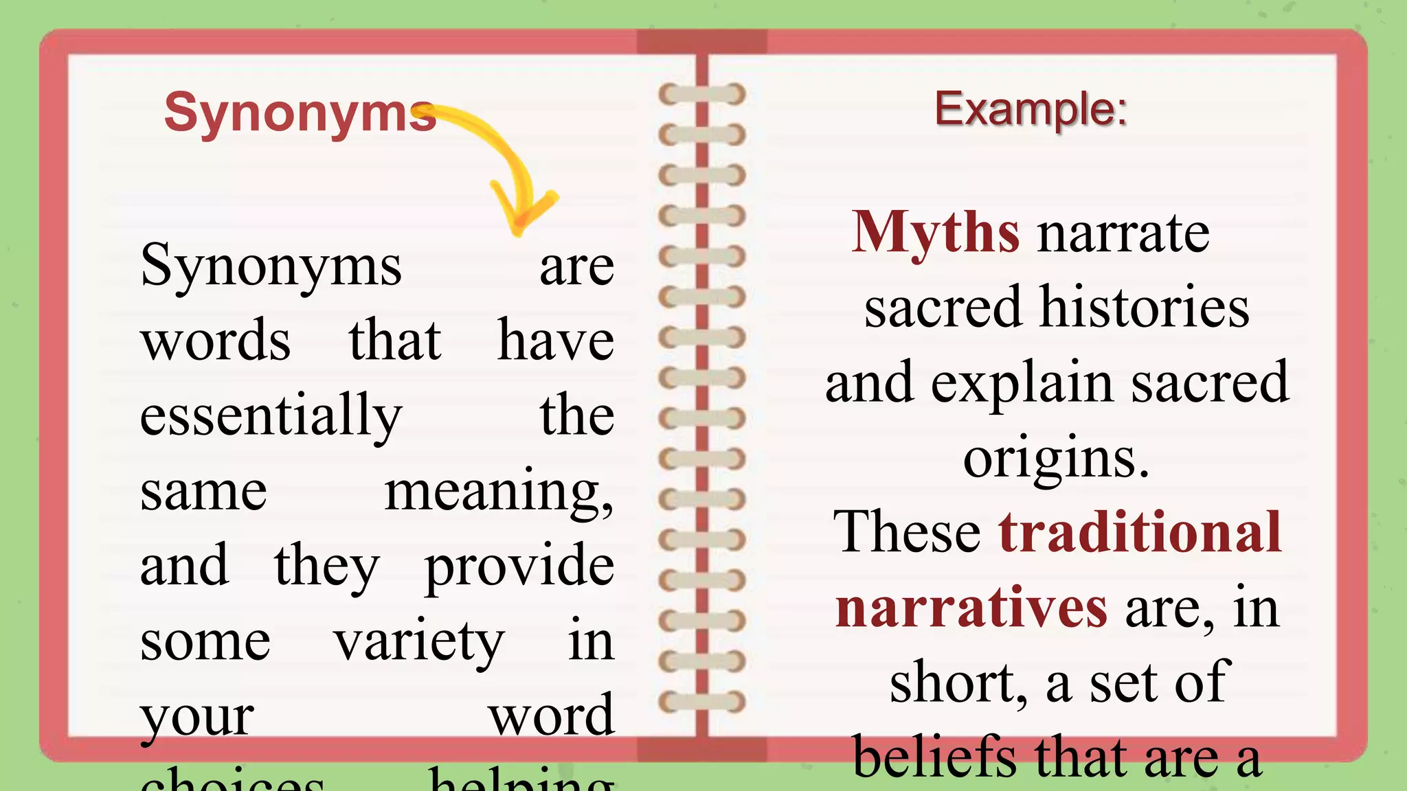 Synonyms
Synonyms are
words that have
essentially the
same meaning,
and they provide
some variety in
your word
Example:
Myths narrate
sacred histories
and explain sacred
origins.
These traditional
narratives are, in
short, a set of
beliefs that are a
 