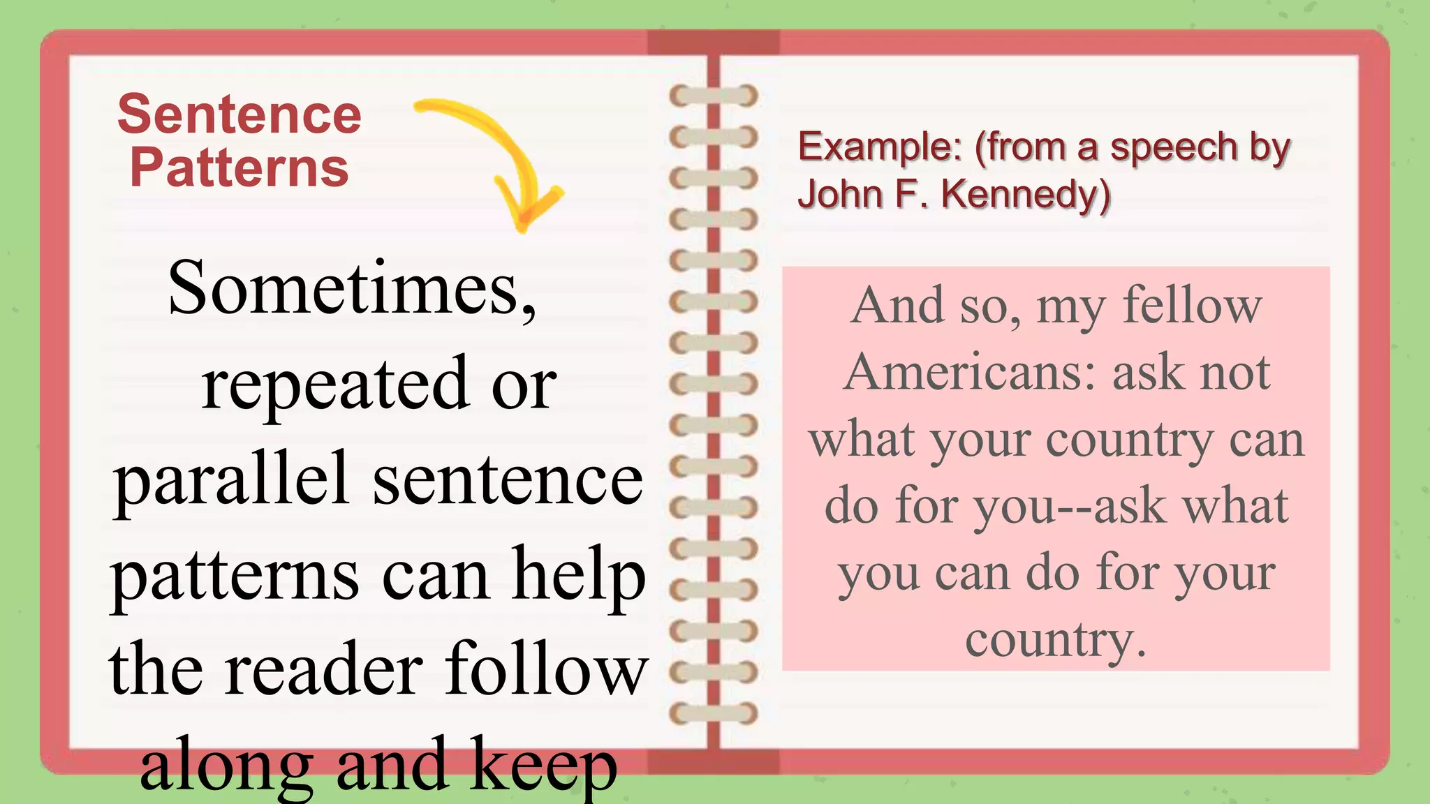 Sentence
Patterns
Sometimes,
repeated or
parallel sentence
patterns can help
the reader follow
along and keep
And so, my fellow
Americans: ask not
what your country can
do for you--ask what
you can do for your
country.
Example: (from a speech by
John F. Kennedy)
 