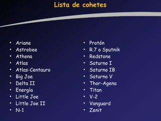 Lista de cohetes Ariane Astrobee Athena Atlas Atlas-Centauro Big Joe Delta II Energía Little Joe Little Joe II N-1 Protón R.7 o Sputnik Redstone Saturno I Saturno IB Saturno V Thor-Agena Titan V-2 Vanguard Zenit 