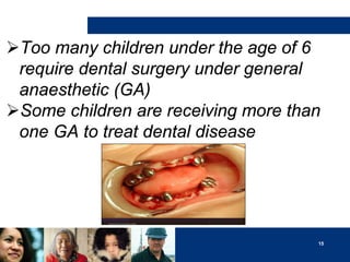 Too many children under the age of 6
require dental surgery under general
anaesthetic (GA)
Some children are receiving more than
one GA to treat dental disease
H e a lt h C a n a d a
F ir s t N a t io n s a n d I n u it H e a lt h B r a n c h

C r e d it : D r . T . K r a w a t

N a t io n a l P r e s e n t a t i o n 2 0 0 2

5

15

 