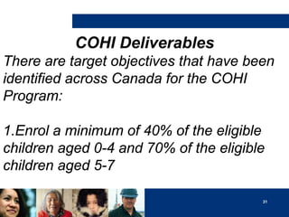 COHI Deliverables
There are target objectives that have been
identified across Canada for the COHI
Program:
1.Enrol a minimum of 40% of the eligible
children aged 0-4 and 70% of the eligible
children aged 5-7
31

 