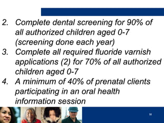 2. Complete dental screening for 90% of
all authorized children aged 0-7
(screening done each year)
3. Complete all required fluoride varnish
applications (2) for 70% of all authorized
children aged 0-7
4. A minimum of 40% of prenatal clients
participating in an oral health
information session
32

 