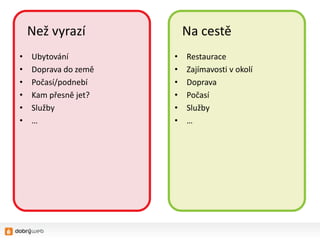 Než vyrazí            Na cestě
•   Ubytování         •   Restaurace
•   Doprava do země   •   Zajímavosti v okolí
•   Počasí/podnebí    •   Doprava
•   Kam přesně jet?   •   Počasí
•   Služby            •   Služby
•   …                 •   …
 