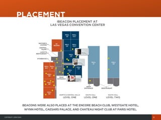 COPYRIGHT© 2015 COHN
PLACEMENT
8
BEACONS WERE ALSO PLACED AT THE ENCORE BEACH CLUB, WESTGATE HOTEL,
WYNN HOTEL, CAESARS PALACE, AND CHATEAU NIGHT CLUB AT PARIS HOTEL.
 