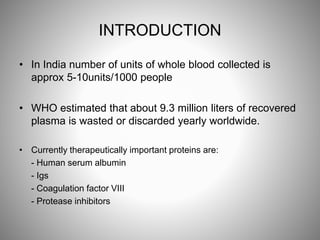 INTRODUCTION
• In India number of units of whole blood collected is
approx 5-10units/1000 people
• WHO estimated that about 9.3 million liters of recovered
plasma is wasted or discarded yearly worldwide.
• Currently therapeutically important proteins are:
- Human serum albumin
- Igs
- Coagulation factor VIII
- Protease inhibitors
 