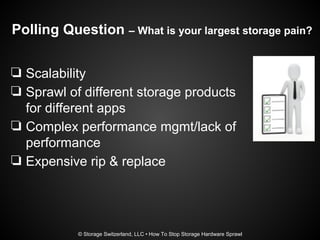 Polling Question – What is your largest storage pain?
❏ Scalability
❏ Sprawl of different storage products
for different a...