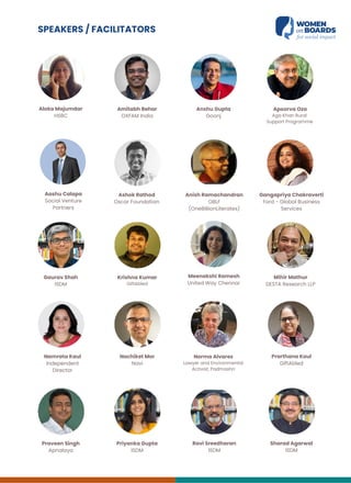 SPEAKERS / FACILITATORS
Aloka Majumdar
HSBC
Aashu Calapa
Social Venture
Partners
Gaurav Shah
ISDM
Namrata Kaul
Independent
Director
Praveen Singh
Apnalaya
Amitabh Behar
OXFAM India
Ashok Rathod
Oscar Foundation
Krishna Kumar
GiftAbled
Nachiket Mor
Navi
Priyanka Gupta
ISDM
Anshu Gupta
Goonj
Anish Ramachandran
OBLF
(OneBillionLiterates)
Meenakshi Ramesh
United Way Chennai
Norma Alvares
Lawyer and Environmental
Activist, Padmashri
Ravi Sreedharan
ISDM
Apoorva Oza
Aga Khan Rural
Support Programme
Gangapriya Chakraverti
Ford - Global Business
Services
Mihir Mathur
DESTA Research LLP
Prarthana Kaul
GiftAbled
Sharad Agarwal
ISDM
 