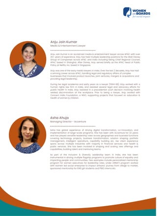 Anju Jain Kumar
Media & Entertainment Lawyer
Anju Jain Kumar is an acclaimed media & entertainment lawyer across APAC with over
20+ years of experience. Anju has held multiple leadership positions for the Walt Disney
Group of Companies across APAC and India including being Chief Regional Counsel,
APAC based in Shanghai. After Disney, Anju served briefly as the APAC Head of Public
Policy at Netflix, Inc, based in Singapore.
Anju was one of the early media lawyers in India. Over the last 2 decades, Anju has had
a winning career across APAC, handling legal and regulatory affairs of complex
businesses that involved product launches, joint ventures, mergers & acquisitions and
providing legal leadership.
During her legal academia and early years as a lawyer (1994-98), Anju worked with a
human rights law firm in India, and assisted several legal and advocacy efforts for
public health in India. Anju assisted in a precedential court decision involving health
related discrimination at the workplace. Prior to being a lawyer, Anju worked with
Concern India Foundation, a NGO, supporting projects that focused on education &
health of women & children.
Asha Ahuja
Managing Director - Accenture
Asha has global experience of driving digital transformation, co-innovation, and
implementation of large-scale programs. She has been with Accenture for 22 years
and has played versatile leadership roles across geographies and business functions
covering technology projects, business transformation, solution shaping, portfolio
management, intelligent operations, capability building etc. Her client experience
spans across multiple industries with majority in financial services and health &
public services. She has been involved in shaping and scaling new offerings and
capabilities, building talent and mentoring teams.
As part of the Inclusion & Diversity Leadership team in India, she has been
instrumental in driving multiple flagship programs to promote culture of equality and
impacting people and communities. Few examples include personalized mentorship
program for women executives for leadership roles, under UNNATI program worked
with women led social enterprise to impact artisans’ journey from village to market,
sponsored mentorship for EWS girl students and PWD interns etc.
 