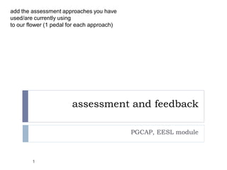 add the assessment approaches you have
used/are currently using
to our flower (1 pedal for each approach)




                       assessment and feedback

                                            PGCAP, EESL module



        1
 