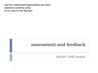 add the assessment approaches you have
used/are currently using
to our tree on the flipchart




                      assessment and feedback

                                         PGCAP, LTHE module



       1
 