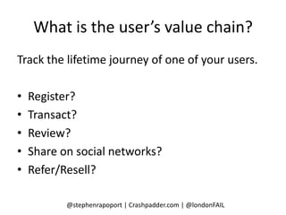 What is the user’s value chain?
Track the lifetime journey of one of your users.

•   Register?
•   Transact?
•   Review?
•   Share on social networks?
•   Refer/Resell?

           @stephenrapoport | Crashpadder.com | @londonFAIL
 