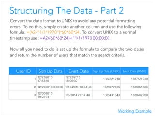 Structuring The Data - Part 2
Convert the date format to UNIX to avoid any potential formatting
errors. To do this, simply create another column and use the following
formula: =(A2-“1/1/1970”)*60*60*24. To convert UNIX to a normal
timestamp use: =A2/(60*60*24)+”1/1/1970 00:00:00.
Now all you need to do is set up the formula to compare the two dates
and return the number of users that match the search criteria.

`User ID

Sign Up Date
1

12/23/2013
17:53:30

Event Date
12/23/2013
18:05:30

2 12/29/2013 0:30:05 1/12/2014 18:34:46
3

12/30/2013
19:22:23

1/3/2014 22:14:40

Sign Up Date (UNIX)

Event Date (UNIX)

1387821210

1387821930

1388277005

1389551686

1388431343

1388787280

Working Example

 