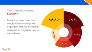 Then... segment, segment,
SEGMENT!
Break your users down into
cohorts based on things like
acquisition channel, marketing
campaign, demographic, and in-
app behavior.
 