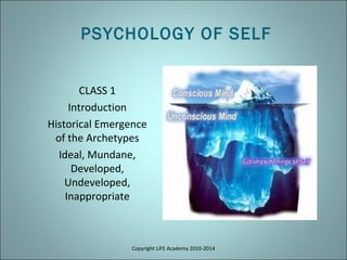 Copyright LiFE Academy 2010-2014
CLASS 1
Introduction
Historical Emergence
of the Archetypes
Ideal, Mundane,
Developed,
Undeveloped,
Inappropriate
PSYCHOLOGY OF SELF
 
