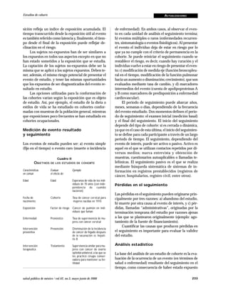 233salud pública de méxico / vol.42, no.3, mayo-junio de 2000
Estudios de cohorte ACTUALIZACIONES
Cuadro II
OBJETIVOS DE LOS ESTUDIOS DE COHORTE
Características Evaluar Ejemplo
en común el efecto de:
Edad Edad Esperanza de vida de los indi-
viduos de 70 años (con inde-
pendencia de cuándo
nacieron)
Fecha de Cohorte Tasa de cáncer cervical para
nacimiento mujeres nacidas en 1910
Exposición Factor de riesgo Cáncer de pulmón en indi-
viduos que fuman
Enfermedad Pronóstico Tasa de supervivencia de mu-
jeres con cáncer cervical
Intervención Prevención Disminución de la incidencia
preventiva de cáncer de hígado después
de la vacunación vs. hepati-
tis B
Intervención Tratamiento Supervivencia similar para mu-
terapéutica jeres con cáncer de ovario
epitelial unilateral, a las que se
les practicó cirugía conser-
vadora para mantener su fer-
tilidad
sición refleja un índice de exposición acumulada. El
tiempo transcurrido desde la exposición útil al evento
es también referido como latencia y, finalmente, el tiem-
po desde el final de la exposición puede reflejar de-
clinación en el riesgo.
Los sujetos no-expuestos han de ser similares a
los expuestos en todos sus aspectos excepto en que no
han estado sometidos a la exposición que se estudia.
La captación de los sujetos no-expuestos debe ser la
misma que se aplicó a los sujetos expuestos. Deben te-
ner, además, el mismo riesgo potencial de presentar el
evento de estudio, y tener las mismas oportunidades
que los expuestos de ser diagnosticados del evento re-
sultado en estudio.
Las opciones utilizadas para la conformación de
las cohortes varían según la exposición que es objeto
de estudio. Así, por ejemplo, el estudio de la dieta o
estilos de vida se ha estudiado en cohortes confor-
madas con muestras de la población general, mientras
que exposiciones poco frecuentes se han estudiado en
cohortes ocupacionales.
Medición de evento resultado
y seguimiento
Los eventos de estudio pueden ser: a) evento simple
(fijo en el tiempo) o evento raro (muerte o incidencia
de enfermedad). En ambos casos, al observar el even-
to en cada unidad de análisis el seguimiento termina;
b) eventos múltiples o raros (enfermedades recurren-
tes, sintomatología o eventos fisiológicos).Al presentar
el evento el individuo deja de estar en riesgo por lo
que ya no cumple con el criterio de permanencia en la
cohorte. Se puede reiniciar el seguimiento cuando se
restablece el riesgo, es decir, cuando hay curación y el
individuo vuelve a estar en riesgo de presentar el even-
to; c) modificación de medida eje (función broncopleu-
ral en el tiempo, modificación de la función pulmonar
hacia un aumento o disminución; crecimiento), que son
evaluados mediante tasa de cambio, y d) marcadores
intermedios del evento (cuenta de apolipoproteínas A
y B como marcadores de predisposición a enfermedad
cardiovascular).
El periodo de seguimiento puede abarcar años,
meses, semanas o días, dependiendo de la frecuencia
del evento estudiado. Dos momentos definen el perio-
do de seguimiento: el examen inicial (medición basal)
y el final del seguimiento. El inicio del seguimiento
depende del tipo de cohorte: si es cerrada o dinámica,
ya que en el caso de esta última, el inicio del seguimien-
to se define para cada participante a través de un largo
periodo de tiempo. El seguimiento, dependiendo del
evento de interés, puede ser activo o pasivo. Activo es
aquel en el que se utilizan contactos repetidos por di-
versos medios; nueva entrevista y obtención de
muestras, cuestionarios autoaplicables o llamadas te-
lefónicas. El seguimiento pasivo es el que se realiza
mediante búsqueda sistemática de sistemas de in-
formación en registros prestablecidos (registros de
cáncer, hospitalarios, registro civil, entre otros).
Pérdidas en el seguimiento
Las pérdidas en el seguimiento pueden originarse prin-
cipalmente por tres razones: a) abandono del estudio,
b) muerte por otra causa al evento de interés, y c) pér-
didas, llamadas “administrativas”, originadas por la
terminación temprana del estudio por razones ajenas
a las que se plantearon originalmente (ejemplo: ago-
tamiento de la fuente de financiamiento).
Cuantificar las causas que producen pérdidas en
el seguimiento es importante para evaluar la validez
del estudio.
Análisis estadístico
La base del análisis de un estudio de cohorte es la eva-
luación de la ocurrencia de un evento (en términos de
salud o enfermedad) resultante del seguimiento en el
tiempo, como consecuencia de haber estado expuesto
 