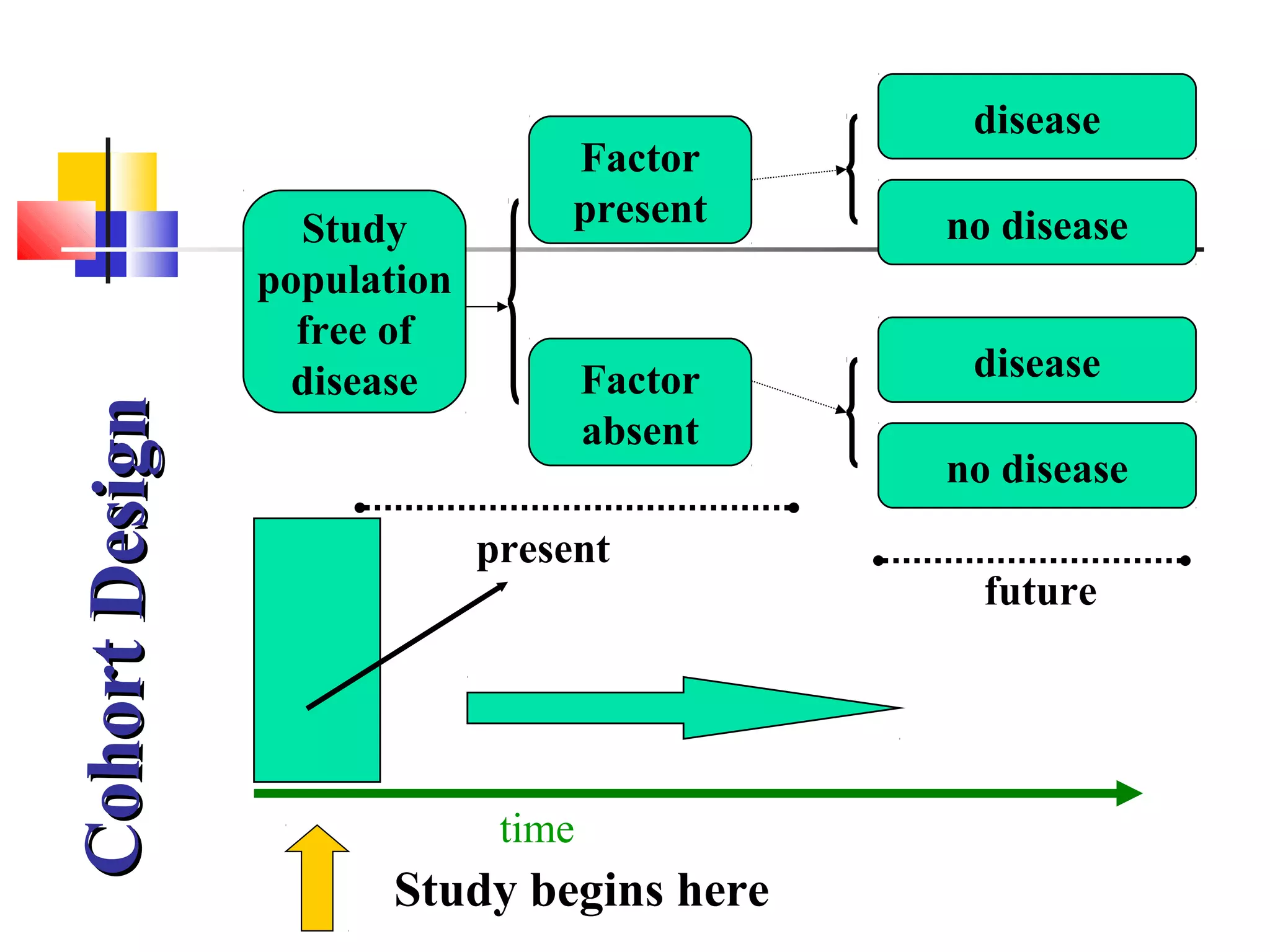 C ohort Desig n

Study
population
free of
disease

Factor
present

Factor
absent
present

time

Study begins here

disease
no disease
disease
no disease
future

 
