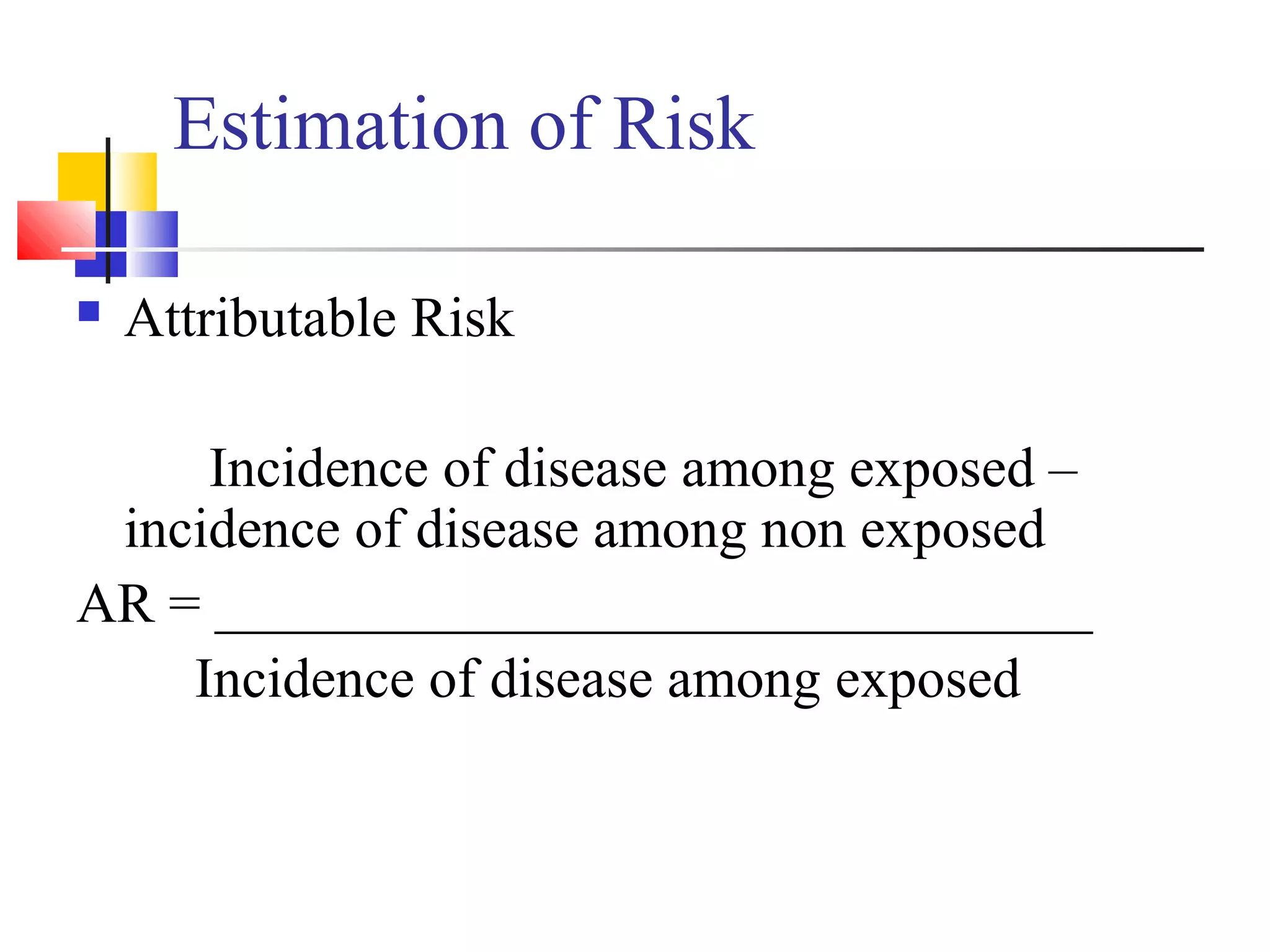 Estimation of Risk


Attributable Risk

Incidence of disease among exposed –
incidence of disease among non exposed
AR = _______________________________
Incidence of disease among exposed

 