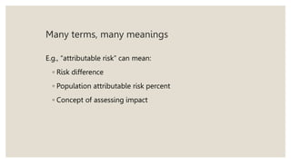 Many terms, many meanings
E.g., “attributable risk” can mean:
◦ Risk difference
◦ Population attributable risk percent
◦ Concept of assessing impact
 