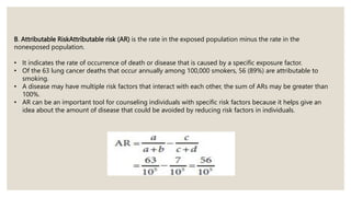 B. Attributable RiskAttributable risk (AR) is the rate in the exposed population minus the rate in the
nonexposed population.
• It indicates the rate of occurrence of death or disease that is caused by a specific exposure factor.
• Of the 63 lung cancer deaths that occur annually among 100,000 smokers, 56 (89%) are attributable to
smoking.
• A disease may have multiple risk factors that interact with each other, the sum of ARs may be greater than
100%.
• AR can be an important tool for counseling individuals with specific risk factors because it helps give an
idea about the amount of disease that could be avoided by reducing risk factors in individuals.
 