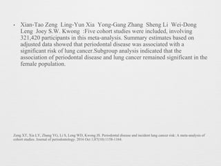 • Xian‐Tao Zeng Ling‐Yun Xia Yong‐Gang Zhang Sheng Li Wei‐Dong
Leng Joey S.W. Kwong :Five cohort studies were included, involving
321,420 participants in this meta‐analysis. Summary estimates based on
adjusted data showed that periodontal disease was associated with a
significant risk of lung cancer.Subgroup analysis indicated that the
association of periodontal disease and lung cancer remained significant in the
female population.
Zeng XT, Xia LY, Zhang YG, Li S, Leng WD, Kwong JS. Periodontal disease and incident lung cancer risk: A meta‐analysis of
cohort studies. Journal of periodontology. 2016 Oct 1;87(10):1158-1164.
 