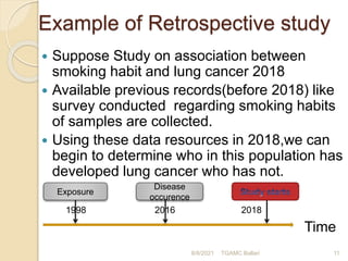 Example of Retrospective study
 Suppose Study on association between
smoking habit and lung cancer 2018
 Available previous records(before 2018) like
survey conducted regarding smoking habits
of samples are collected.
 Using these data resources in 2018,we can
begin to determine who in this population has
developed lung cancer who has not.
1998 2016 2018
Time
8/8/2021 TGAMC Ballari 11
Exposure
Disease
occurence
 