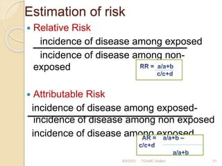 Estimation of risk
 Relative Risk
incidence of disease among exposed
incidence of disease among non-
exposed
 Attributable Risk
incidence of disease among exposed-
incidence of disease among non exposed
incidence of disease among exposed
8/8/2021 TGAMC Ballari 21
 