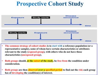 • The common strategy of cohort studies is to a reference population (or a
representative sample), some of whom have certain characteristics or attributes
relevant to the study (exposed group), with others who do not have those
characteristics (unexposed group).
• Both groups should, at the outset of the study, be free from the condition under
consideration.
• Both groups are then observed over a specified period to find out the risk each group
has of developing the condition(s) of interest.
 
