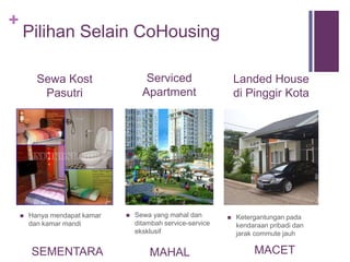+
Dari Mana Penghematannya Berasal
 Menghilangkan kebutuhan terhadap risk cost, marketing cost,
dan profit berlebihan
 Mengganti Service Cost dari developer yang lazim di apartment
menjadi iuran yang disepakati bersama
 Jumlah lantai lebih sedikit, sehingga mengurangi biaya-biaya
high-rise building (perijinan, perawatan, keamanan) terutama
elevator
 Tanpa adanya fasilitas parkir yang mengambil luasan sangat
besar
 