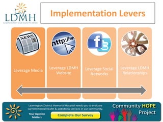 Implementation Levers

Leverage Media

Leverage LDMH
Website

Leverage Social
Networks

Leverage LDMH
Relationships

 