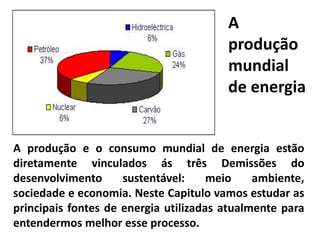 A produção e o consumo mundial de energia estão
diretamente vinculados ás três Demissões do
desenvolvimento sustentável: meio ambiente,
sociedade e economia. Neste Capitulo vamos estudar as
principais fontes de energia utilizadas atualmente para
entendermos melhor esse processo.
A
produção
mundial
de energia
 