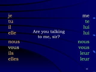 Are you talking to me, sir? je tu il elle nous vous ils elles me te lui lui nous vous leur leur 
