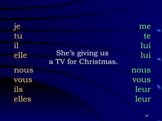 She’s giving us  a TV for Christmas. je tu il elle nous vous ils elles me te lui lui nous vous leur leur 