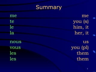 me you (s) him, it her, it us you (pl) them them me te le la nous vous les les Summary 