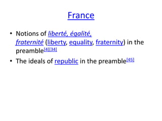 France
• Notions of liberté, égalité,
fraternité (liberty, equality, fraternity) in the
preamble[4][34]
• The ideals of republic in the preamble[45]
 