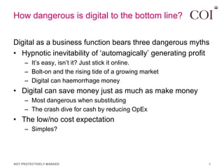 How dangerous is digital to the bottom line?


Digital as a business function bears three dangerous myths
• Hypnotic inevi...