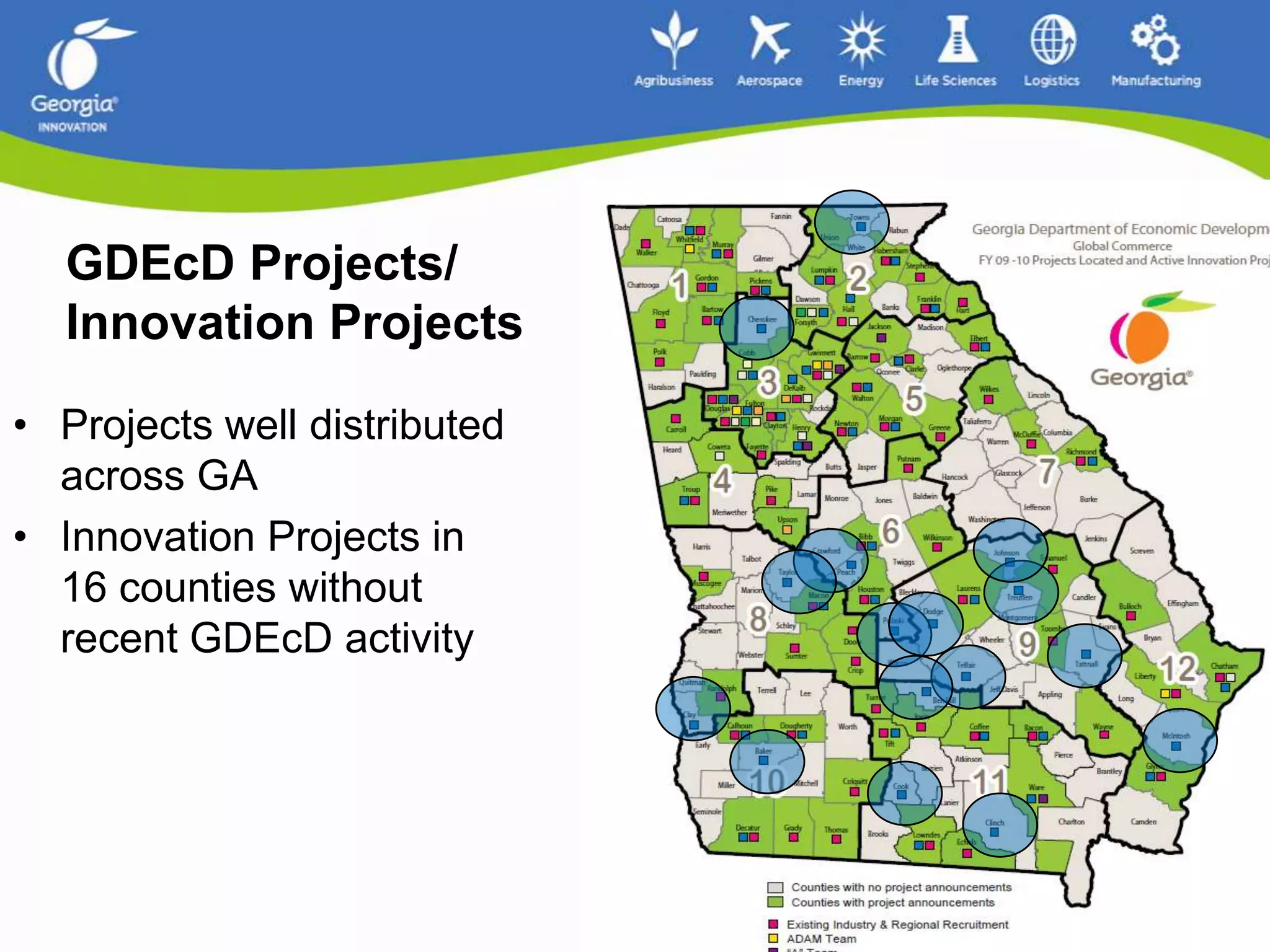 GDEcD Projects/ Innovation Projects Projects well distributed across GA Innovation Projects in16 counties withoutrecent GDEcD activity 