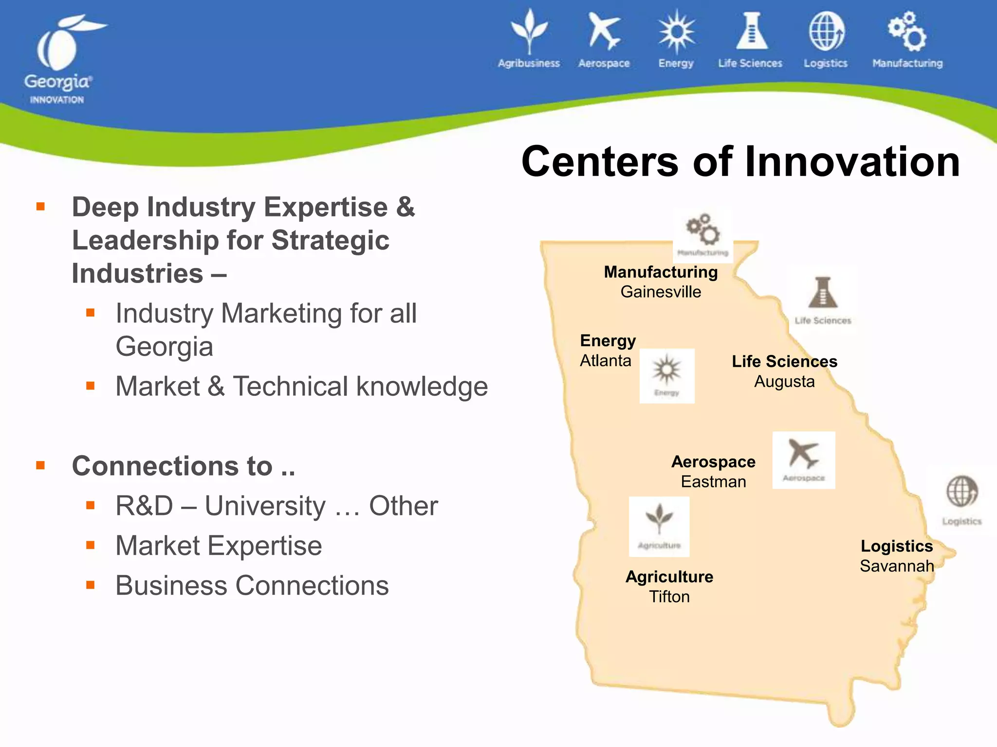 Some concentration ofinnovation projects Centers of InnovationDeep Industry Expertise & Leadership for Strategic Industries – 