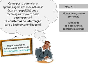 Como posso potenciar a
aprendizagem dos meus Alunos?
Qual o(s) papel(éis) que a
tecnologia (TIC/web) pode
desempenhar?
Que Sistemas de Informação
para o Ensino/Aprendizagem?
1997 – ...
Departamento de
Sistemas de Informação
http://www.dsi.uminho.pt/
Alunos de 1º/2º Ano
(18~anos)
Turmas de
20 a 200 Alunos,
conforme os cursos
 