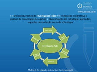 » » Desenvolvimento da investigação-ação »» integração progressiva e
gradual de tecnologias de casting + diversificação de estratégias aplicadas,
                seguidas de avaliação em cada sub-etapa

                                    Ideia inicial




                                 Investigação-Ação




                                         Avaliação



                                                                          10
                 Modelo de Investigação-Ação de Kurt Lewin (adaptado)
 