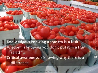Steve Wheeler, Plymouth University, 2012
Knowledge is knowing a tomato is a fruit
Wisdom is knowing you don’t put it in a fruit
  salad
Critical awareness is knowing why there is a
  difference
       http://www.flickr.com/photos/specialkrb/2772991999
 