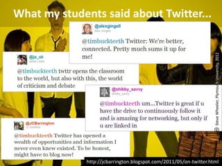 What my students said about Twitter...




                                                                    Steve Wheeler, Plymouth University, 2012
              http://jcbarrington.blogspot.com/2011/05/on-twitter.html
 
