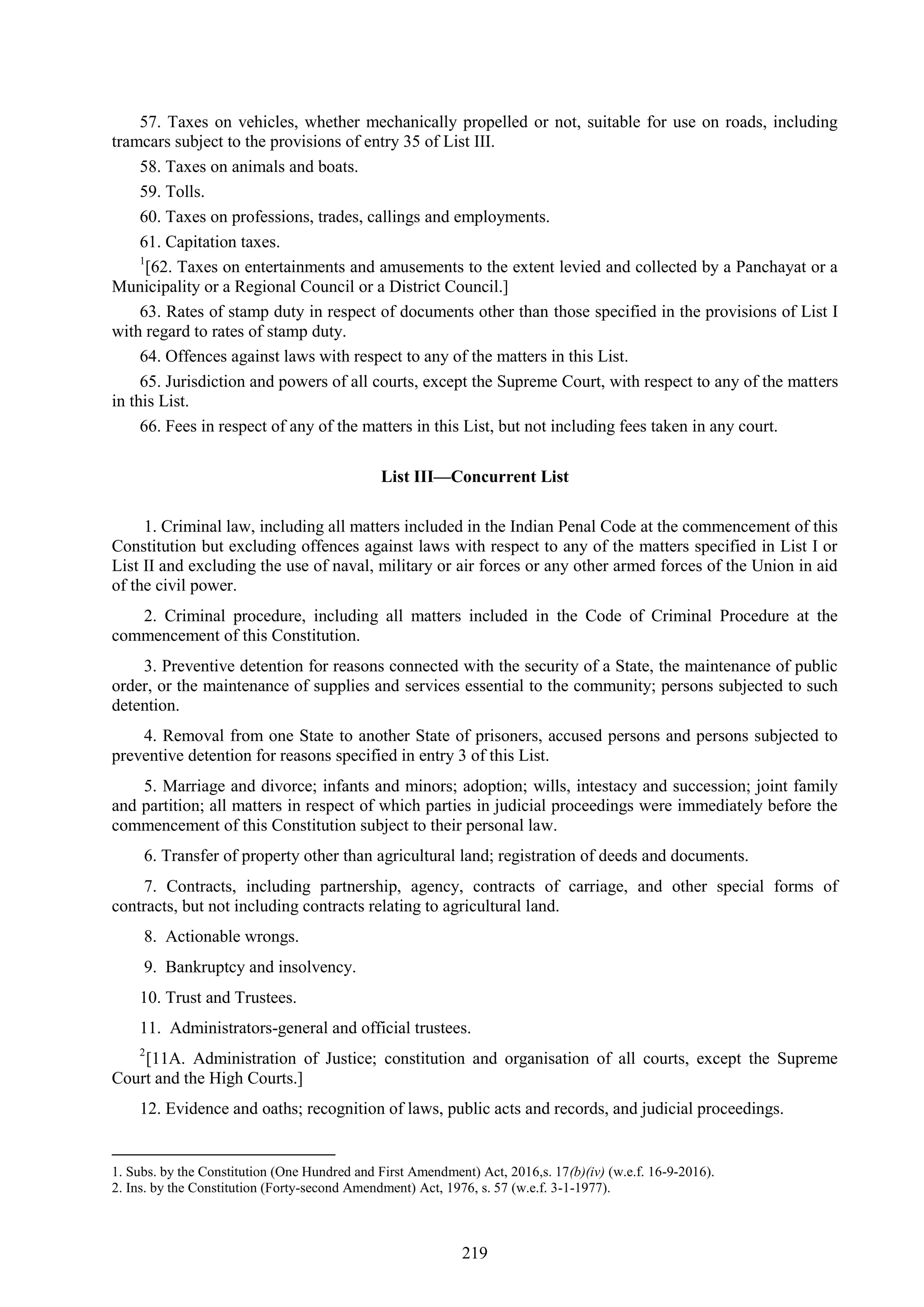 219
57. Taxes on vehicles, whether mechanically propelled or not, suitable for use on roads, including
tramcars subject to the provisions of entry 35 of List III.
58. Taxes on animals and boats.
59. Tolls.
60. Taxes on professions, trades, callings and employments.
61. Capitation taxes.
1
[62. Taxes on entertainments and amusements to the extent levied and collected by a Panchayat or a
Municipality or a Regional Council or a District Council.]
63. Rates of stamp duty in respect of documents other than those specified in the provisions of List I
with regard to rates of stamp duty.
64. Offences against laws with respect to any of the matters in this List.
65. Jurisdiction and powers of all courts, except the Supreme Court, with respect to any of the matters
in this List.
66. Fees in respect of any of the matters in this List, but not including fees taken in any court.
List III—Concurrent List
1. Criminal law, including all matters included in the Indian Penal Code at the commencement of this
Constitution but excluding offences against laws with respect to any of the matters specified in List I or
List II and excluding the use of naval, military or air forces or any other armed forces of the Union in aid
of the civil power.
2. Criminal procedure, including all matters included in the Code of Criminal Procedure at the
commencement of this Constitution.
3. Preventive detention for reasons connected with the security of a State, the maintenance of public
order, or the maintenance of supplies and services essential to the community; persons subjected to such
detention.
4. Removal from one State to another State of prisoners, accused persons and persons subjected to
preventive detention for reasons specified in entry 3 of this List.
5. Marriage and divorce; infants and minors; adoption; wills, intestacy and succession; joint family
and partition; all matters in respect of which parties in judicial proceedings were immediately before the
commencement of this Constitution subject to their personal law.
6. Transfer of property other than agricultural land; registration of deeds and documents.
7. Contracts, including partnership, agency, contracts of carriage, and other special forms of
contracts, but not including contracts relating to agricultural land.
8. Actionable wrongs.
9. Bankruptcy and insolvency.
10. Trust and Trustees.
11. Administrators-general and official trustees.
2
[11A. Administration of Justice; constitution and organisation of all courts, except the Supreme
Court and the High Courts.]
12. Evidence and oaths; recognition of laws, public acts and records, and judicial proceedings.
1. Subs. by the Constitution (One Hundred and First Amendment) Act, 2016,s. 17(b)(iv) (w.e.f. 16-9-2016).
2. Ins. by the Constitution (Forty-second Amendment) Act, 1976, s. 57 (w.e.f. 3-1-1977).
 