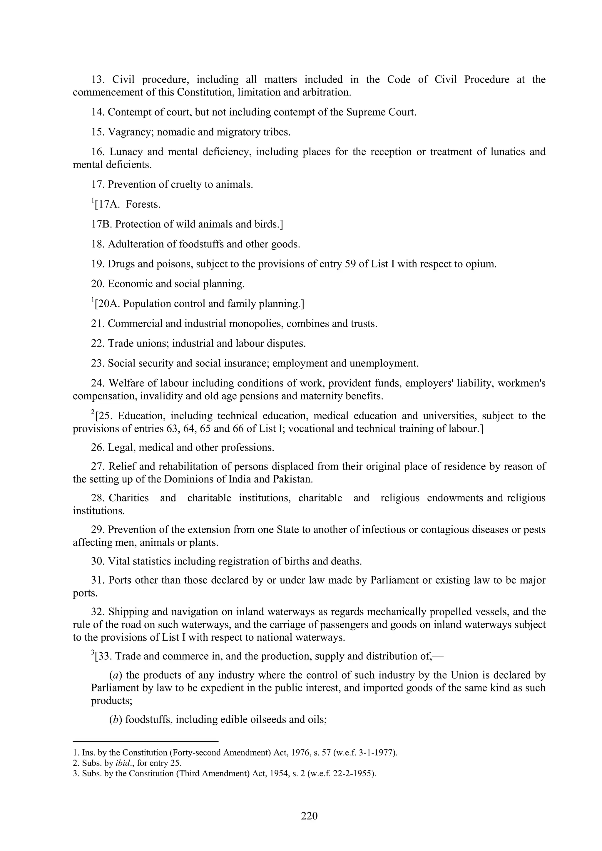 220
13. Civil procedure, including all matters included in the Code of Civil Procedure at the
commencement of this Constitution, limitation and arbitration.
14. Contempt of court, but not including contempt of the Supreme Court.
15. Vagrancy; nomadic and migratory tribes.
16. Lunacy and mental deficiency, including places for the reception or treatment of lunatics and
mental deficients.
17. Prevention of cruelty to animals.
1
[17A. Forests.
17B. Protection of wild animals and birds.]
18. Adulteration of foodstuffs and other goods.
19. Drugs and poisons, subject to the provisions of entry 59 of List I with respect to opium.
20. Economic and social planning.
1
[20A. Population control and family planning.]
21. Commercial and industrial monopolies, combines and trusts.
22. Trade unions; industrial and labour disputes.
23. Social security and social insurance; employment and unemployment.
24. Welfare of labour including conditions of work, provident funds, employers' liability, workmen's
compensation, invalidity and old age pensions and maternity benefits.
2
[25. Education, including technical education, medical education and universities, subject to the
provisions of entries 63, 64, 65 and 66 of List I; vocational and technical training of labour.]
26. Legal, medical and other professions.
27. Relief and rehabilitation of persons displaced from their original place of residence by reason of
the setting up of the Dominions of India and Pakistan.
28. Charities and charitable institutions, charitable and religious endowments and religious
institutions.
29. Prevention of the extension from one State to another of infectious or contagious diseases or pests
affecting men, animals or plants.
30. Vital statistics including registration of births and deaths.
31. Ports other than those declared by or under law made by Parliament or existing law to be major
ports.
32. Shipping and navigation on inland waterways as regards mechanically propelled vessels, and the
rule of the road on such waterways, and the carriage of passengers and goods on inland waterways subject
to the provisions of List I with respect to national waterways.
3
[33. Trade and commerce in, and the production, supply and distribution of,—
(a) the products of any industry where the control of such industry by the Union is declared by
Parliament by law to be expedient in the public interest, and imported goods of the same kind as such
products;
(b) foodstuffs, including edible oilseeds and oils;
1. Ins. by the Constitution (Forty-second Amendment) Act, 1976, s. 57 (w.e.f. 3-1-1977).
2. Subs. by ibid., for entry 25.
3. Subs. by the Constitution (Third Amendment) Act, 1954, s. 2 (w.e.f. 22-2-1955).
 