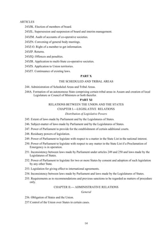 14
ARTICLES
243ZK. Election of members of board.
243ZL. Supersession and suspension of board and interim management.
243ZM. Audit of accounts of co-operative societies.
243ZN. Convening of general body meetings.
243Z-O. Right of a member to get information.
243ZP. Returns.
243ZQ. Offences and penalties.
243ZR. Application to multi-State co-operative societies.
243ZS. Application to Union territories.
243ZT. Continuance of existing laws.
PART X
THE SCHEDULED AND TRIBAL AREAS
244. Administration of Scheduled Areas and Tribal Areas.
244A. Formation of an autonomous State comprising certain tribal areas in Assam and creation of local
Legislature or Council of Ministers or both therefor.
PART XI
RELATIONS BETWEEN THE UNION AND THE STATES
CHAPTER I.LEGISLATIVE RELATIONS
Distribution of Legislative Powers
245. Extent of laws made by Parliament and by the Legislatures of States.
246. Subject-matter of laws made by Parliament and by the Legislatures of States.
247. Power of Parliament to provide for the establishment of certain additional courts.
248. Residuary powers of legislation.
249. Power of Parliament to legislate with respect to a matter in the State List in the national interest.
250. Power of Parliament to legislate with respect to any matter in the State List if a Proclamation of
Emergency is in operation.
251. Inconsistency between laws made by Parliament under articles 249 and 250 and laws made by the
Legislatures of States.
252. Power of Parliament to legislate for two or more States by consent and adoption of such legislation
by any other State.
253. Legislation for giving effect to international agreements.
254. Inconsistency between laws made by Parliament and laws made by the Legislatures of States.
255. Requirements as to recommendations and previous sanctions to be regarded as matters of procedure
only.
CHAPTER II. ADMINISTRATIVE RELATIONS
General
256. Obligation of States and the Union.
257.Control of the Union over States in certain cases.
 