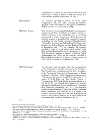 177
Amendment) Act, 1960]1
[and the territories specified in sub-
section (1) of section 3, section 4 and sub-section (1) of
section 5 of the Punjab Reorganisation Act, 1966.]
2
[12.] Rajasthan The territories specified in section 10 of the States
Reorganisation Act, 1956 3
[but excluding the territories
specified in the First Schedule to the Rajasthan and Madhya
Pradesh (Transfer of Territories) Act, 1959].
2
[13.] Uttar Pradesh 4
[The territories which immediately before the commencement
commencement of this Constitution were either comprised in
the Province known as the United Provinces or were being
administered as if they formed part of that Province, the
territories specified in clause (b) of sub-section (1) of section 3
of the Bihar and Uttar Pradesh (Alteration of Boundaries) Act,
1968, and the territories specified in clause (b) of sub-section
(1) of section 4 of the Haryana and Uttar Pradesh (Alteration
of Boundaries) Act, 1979, but excluding the territories
specified in clause (a) of sub-section (1) of section 3 of the
Bihar and Uttar Pradesh (Alteration of Boundaries) Act, 1968,
5
[and the territories specified in section 3 of the Uttar Pradesh
Reorganisation Act, 2000] and the territories specified in
clause (a) of sub-section (1) of section 4 of the Haryana and
Uttar Pradesh (Alteration of Boundaries) Act, 1979.]
2
[14.] West Bengal The territories which immediately before the commencement
of this Constitution were either comprised in the Province of
West Bengal or were being administered as if they formed part
of that Province and the territory of Chandernagore as defined
in clause (c) of section 2 of the Chandernagore (Merger) Act,
1954 and also the territories specified in sub-section (1) of
section 3 of the Bihar and West Bengal (Transfer of
Territories) Act, 1956 6
[and also the territories referred to in
Part III of the First Schedule but excluding the territories
referred to in Part III of the Second Schedule to the Constitution
(One Hundredth Amendment) Act, 2015, notwithstanding
anything contained in clause (c) of section 3 of the Constitution
(Ninth Amendment) Act, 1960, so far as it relates to the
territories referred to in Part III of the First Schedule and the
territories referred to in Part III of the Second Schedule to the
Constitution (One Hundredth Amendment) Act, 2015.]
7
[2
[**.] * * *]]
1. Ins. by the Punjab Reorganisation Act, 1966 (31 of 1966), s. 7 (w.e.f. 1-11-1966).
2. Entries 8 to 14 renumbered as entries 9 to 15 by the Bombay Reorganisation Act, 1960 (11 of 1960), s. 4, (w.e.f. 1-5-1960).
3. Ins. by the Rajasthan and Madhya Pradesh (Transfer of Territories) Act, 1959 (47 of 1959), s. 4 (w.e.f. 1-10-1959).
4. Subs. by the Haryana and Uttar Pradesh (Alteration of Boundaries) Act, 1979 (31 of 1979) s. 5, for the entry against ―13. Uttar
Pradesh‖ (w.e.f. 15-9-1983).
5. Ins. by the Uttar Pradesh Reorganisation Act, 2000 (29 of 2000), s. 5 (w.e.f. 9-11-2000).
6. Added by the Constitution (One Hundredth Amendment) Act, 2015, s. 3 (w.e.f. 31-7-2015).
7. ** Entry 15 relating to Jammu and Kashmir deleted by the Jammu and Kashmir Reorganisation Act, 2019 (34 of 2019), s. 6
(w.e.f. 31-10-2019).
 