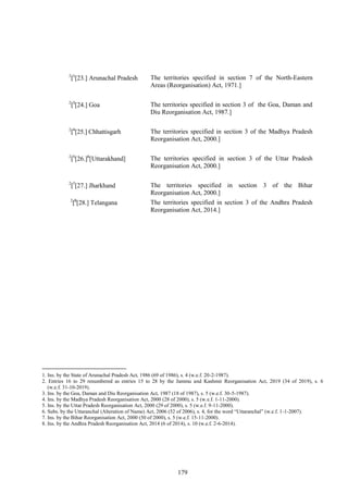 179
2
[1
[23.] Arunachal Pradesh The territories specified in section 7 of the North-Eastern
Areas (Reorganisation) Act, 1971.]
2
[3
[24.] Goa The territories specified in section 3 of the Goa, Daman and
Diu Reorganisation Act, 1987.]
2
[4
[25.] Chhattisgarh The territories specified in section 3 of the Madhya Pradesh
Reorganisation Act, 2000.]
2
[5
[26.]6
[Uttarakhand] The territories specified in section 3 of the Uttar Pradesh
Reorganisation Act, 2000.]
2
[7
[27.] Jharkhand The territories specified in section 3 of the Bihar
Reorganisation Act, 2000.]
12
[8
[28.] Telangana The territories specified in section 3 of the Andhra Pradesh
Reorganisation Act, 2014.]
1. Ins. by the State of Arunachal Pradesh Act, 1986 (69 of 1986), s. 4 (w.e.f. 20-2-1987).
2. Entries 16 to 29 renumbered as entries 15 to 28 by the Jammu and Kashmir Reorganisation Act, 2019 (34 of 2019), s. 6
(w.e.f. 31-10-2019).
3. Ins. by the Goa, Daman and Diu Reorganisation Act, 1987 (18 of 1987), s. 5 (w.e.f. 30-5-1987).
4. Ins. by the Madhya Pradesh Reorganisation Act, 2000 (28 of 2000), s. 5 (w.e.f. 1-11-2000).
5. Ins. by the Uttar Pradesh Reorganisation Act, 2000 (29 of 2000), s. 5 (w.e.f. 9-11-2000).
6. Subs. by the Uttaranchal (Alteration of Name) Act, 2006 (52 of 2006), s. 4, for the word ―Uttaranchal‖ (w.e.f. 1-1-2007).
7. Ins. by the Bihar Reorganisation Act, 2000 (30 of 2000), s. 5 (w.e.f. 15-11-2000).
8. Ins. by the Andhra Pradesh Reorganisation Act, 2014 (6 of 2014), s. 10 (w.e.f. 2-6-2014).
 
