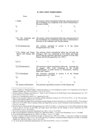 180
II. THE UNION TERRITORIES
1. Entry 2 relating to ―Himachal Pradesh‖ omitted and entries 3 to 10 re-numbered as entries 2 to 9 respectively by the State of
Himachal Pradesh Act, 1970 (53 of 1970), s. 4 (w.e.f. 25-1-1971).
2. Entries relating to Manipur and Tripura (i.e. entries 2 and 3) omitted by the North-Eastern Areas (Reorganisation) Act, 1971
(81 of 1971), s. 9 (w.e.f. 21-1-1972).
3. Entries 4 to 9 renumbered as entries 2 to 7 respectively by ibid.
4. Subs. by the Laccadive, Minicoy and Amindivi Islands (Alteration of Name) Act, 1973 (34 of 1973), s. 5, for ―The Laccadive,
Minicoy and Amindivi Islands‖ (w.e.f. 1-11-1973).
5. Subs. by the Dadra and Nagar Haveli and Daman and Diu (Merger of Union Territories) Act, 2019 (44 of 2019), s.5 for entries 4
and 5 (w.e.f. 19-12-2019). Entry 4 relating to Dadra and Nagar Haveli was ins. by the Constitution (Tenth Amendment ) Act, 1961,
s.2 (w.e.f. 11-8-1961).
6. Subs. by the Goa, Daman and Diu (Reorganisation) Act, 1987 (18 of 1987), s. 5, for entry 5 (w.e.f. 30-5-1987) and later for entries
4 and 5, entry 4 was subs. by the Dadra and Nagar Haveli and Daman and Diu (Merger of Union Territories) Act, 2019
(44 of 2019), s.5 (w.e.f. 19-12-2019)..
7. Ins. by the Constitution (Fourteenth Amendment) Act, 1962, s. 3 (w.e.f. 16-8-1962).
8. Subs. by the Pondicherry (Alteration of Name) Act, 2006 (44 of 2006), s. 5, for the word ―Pondicherry‖ (w.e.f. 1-10-2006).
9. Ins. by the Punjab Reorganisation Act, 1966 (31 of 1966), s. 7 (w.e.f. 1-11-1966).
10. Entry 8 relating to Mizoram omitted by the State of Mizoram Act, 1986 (34 of 1986), s. 4 and entry 9 relating to Arunachal
Pradesh renumbered as entry 8 (w.e.f. 20-2-1987) and entry 8 relating to Arunachal Pradesh omitted by the State of Arunachal
Pradesh Act, 1986 (69 of 1986), s. 4 (w.e.f. 20-2-1987).
11. Ins. by the Jammu and Kashmir Reorganisation Act, 2019 (34 of 2019), s. 6 (w.e.f. 31-10-2019).
Name Extent
1. Delhi The territory which immediately before the commencement of
this Constitution was comprised in the Chief Commissioner‘s
Province of Delhi.
1
[* * * * *]
2
[* * * * *]
3
[2.] The Andaman and
Nicobar Islands
The territory which immediately before the commencement of
this Constitution was comprised in the Chief Commissioner‘s
Province of the Andaman and Nicobar Islands.
3
[3.]4
[Lakshadweep] The territory specified in section 6 of the States
Reorganisation Act, 1956.
5
[3
[4.] Dadra and Nagar
Haveli and Daman and
Diu
The territory which immediately before the eleventh day
ofAugust, 1961 was comprised in Free Dadra and Nagar
Haveli and the territories specified in section 4 of the Goa,
Daman and Diu Reorganistion Act, 1987.]
6
[3
[*.]* * * * *.]
7
[3
[6.]8
[Puducherry] The territories which immediately before the sixteenth day
of August, 1962, were comprised in the French
Establishments in India known as Pondicherry, Karikal,
Mahe and Yanam.]
9
[3
[7.] Chandigarh The territories specified in section 4 of the Punjab
Reorganisation Act, 1966.]
10
[*
10
[*
* * * *]
* * * *]
11
[8. Jammu and Kashmir The territories specified in section 4 of the Jammu and
 